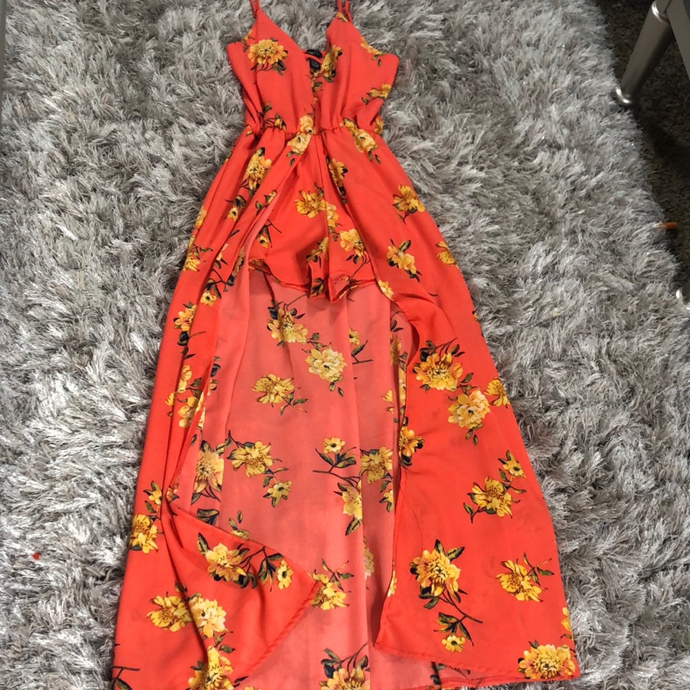 Coral Floral Print Flounce Maxi Romper